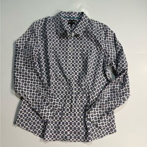 Talbots Geometric button down long sleeve Blouse Sz 12 none iron